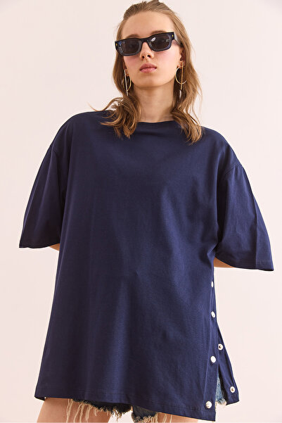 Olalook Γυναικείο μπλουζάκι Navy Blue με κουμπιά στα πλαϊνά βαμβακερό TSH- 19000762