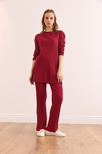 Olalook Kadın Bordo Üst Yırtmaçlı Bluz Alt Palazzo Fitilli Takım TKM-19000180