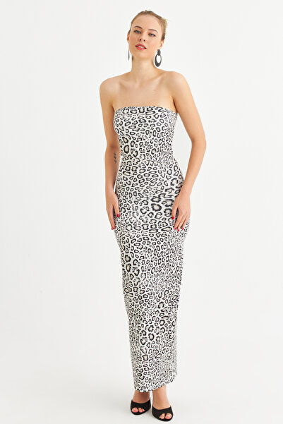 Cool & Sexy Γυναικείο Μίντι Φόρεμα με Στράπλες Σχισμό Camel-Μαύρο Λεοπάρ XC005