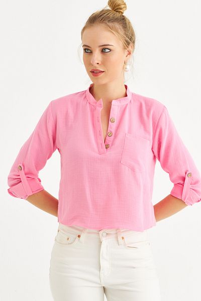 Cool & Sexy Pink Buttoned Linen Shirt Blouse - Bth17