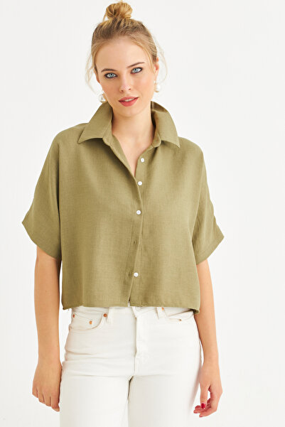 Cool & Sexy Women's Khaki Short Sleeve Crop Shirt Cng117