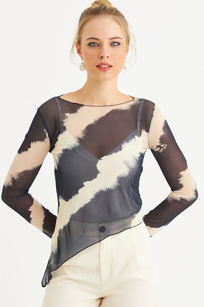 Cool & Sexy Women's Ecru-Indigo Patterned Tulle Blouse Rsp1740