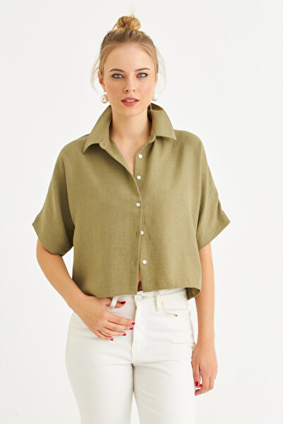 Cool & Sexy Women's Khaki Short Sleeve Crop Shirt Cng117