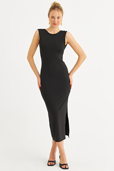 Cool & Sexy Kadın Siyah Sırtı Açık Midi Elbise YEL221672