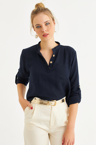 Cool & Sexy Námořnická modrá dámská košilová halenka Ktet s knoflíky - BTH17