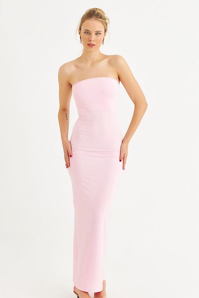 Cool & Sexy Damen-Midikleid in Puderrosa, trägerlos, mit Schlitz, XC005