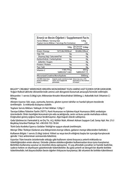 Bigjoy BigJoy Creabig %100 Mikronize Kreatin Monohidrat 200 Mesh Aromasız 120g 24 Servis