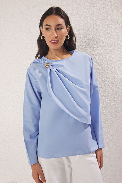 Trendyol Modest Blue Terrycotton Shawl Detailed Woven Tunic Tctss25Uk00012