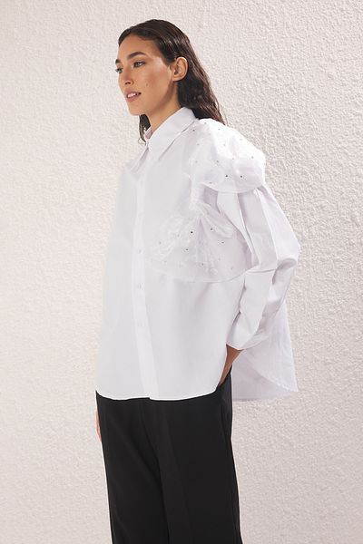 Trendyol Modest Λευκό υφασμένο πουκάμισο με φιόγκο από βαμβακερό ύφασμα TCTSS25TG00026