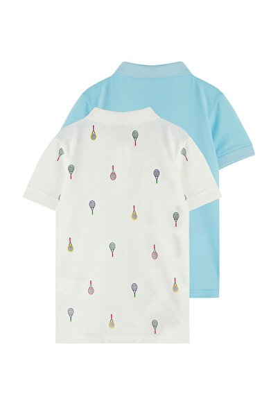 TRENDYOLKIDS Ecru-Blue Cotton 2-Pack Printed Regular Fit Polo Neck Boys Knitted T-Shirt Tkdss25Ts00089