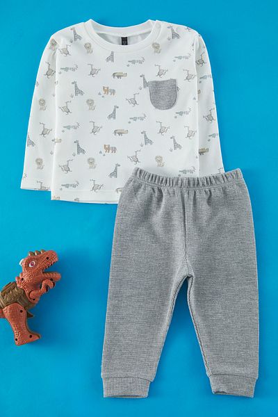 TRENDYOLKIDS Boy's Ecru 100% Cotton Printed T-Shirt-Shorts Tkdss25Au00103