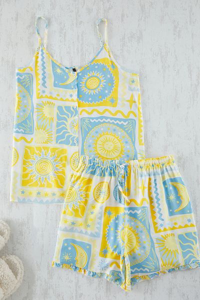Trendyol Curve Geometric Pattern Blue Viscose Pajamas Set - Multicolor Tbbss25Ai00048