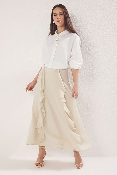 Trendyol Modest AI Collection Beigefarbener, gewellter, gewebter Rock TCTAW25EE00012