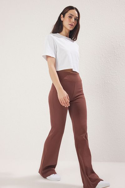 Trendyol Collection Brown Brokenswide Leg Flare - High Waist Interlock - Stretchy Knitted Pants