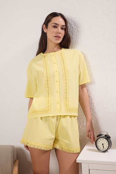 Trendyol Collection Yellow Plain Crown Poplin Shorts Woven Pajamas Set Thmss25Pt00256