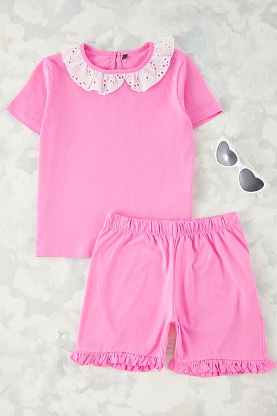TRENDYOLKIDS Rózsaszín lány póló-rövid szett TKDSS25AU00115 100% pamut Bebe gallér