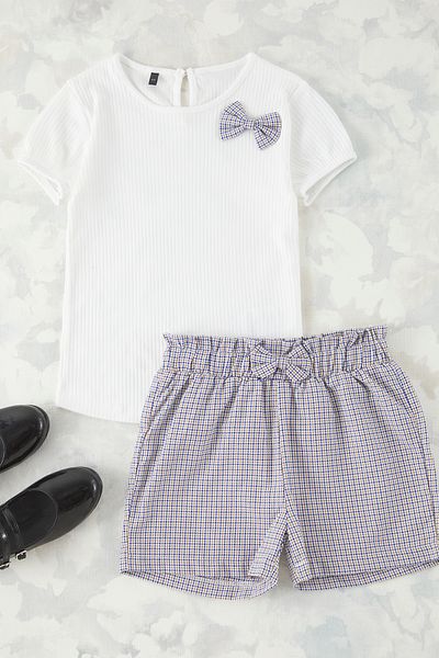 TRENDYOLKIDS Ecru Mädchen Baumwolle Schleife Detail T-Shirt-Shorts gestrickt Bottom-Top Anzug TKDSS25AU00062