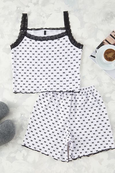 Edit by Trendyol Black-White Ribbon/Bow Lace Detailed Ribbed Knitted Pajamas Set Tedss25Pt00013