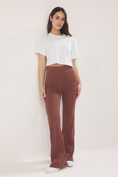 Trendyol Collection Brown Brokenswide Leg Flare - High Waist Interlock - Stretchy Knitted Pants