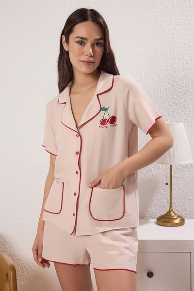 Trendyol Collection Beige Cherry Embroidered Bias Satin Shorts Pajama Set