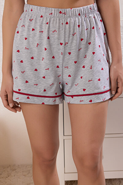 Trendyol Collection 100% bavlna Melange Heart Slogan Šortky Pyžamový set Šedá THMSS25PT00405