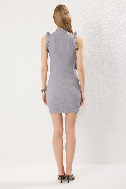 Trendyol Collection Limited Edition Grey Ruffle Detail Bodycone/Body-Fitting Mini Knitted Dress Twoss25El00591