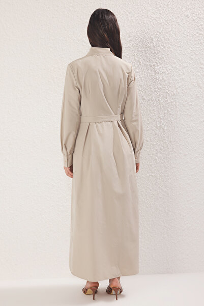 Trendyol Modest Beige Shirt Collar Belt Cotton Woven Dress Tctss25Eb00006