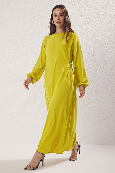 Trendyol Modest Oil Green Lace Detailed Elasticized Sleeve End Aerobin Woven Dress Tctss22Eb00104