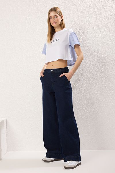 Trendyol Collection Sötétkék magas derekú széles szárú farmer TWOSS25JE00256
