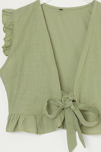 Edit by Trendyol Khaki šněrovací detailní lněná tkaná halenka TEDSS25BZ00005