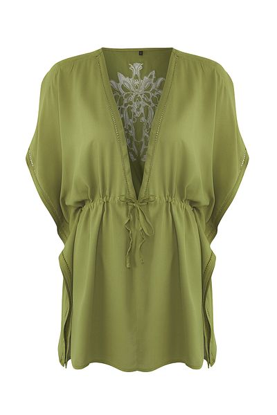 Trendyol Collection TBESS25KM00013 Model khaki mini vyšívané kimono a kaftanová sada