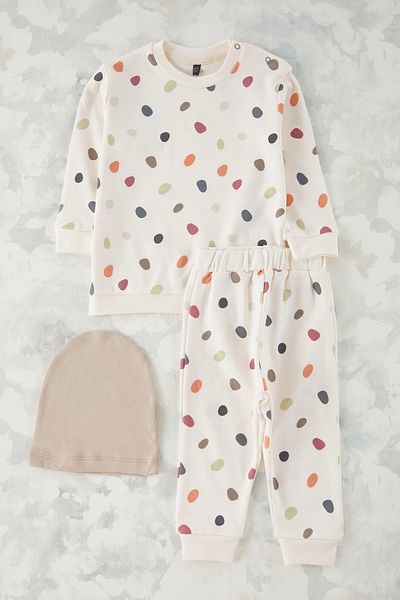 TRENDYOLKIDS Ecru 3-Piece Unisex Baby 100% Cotton Polka Dot Knitted Bottom-Top Set Tkdss25Au00134