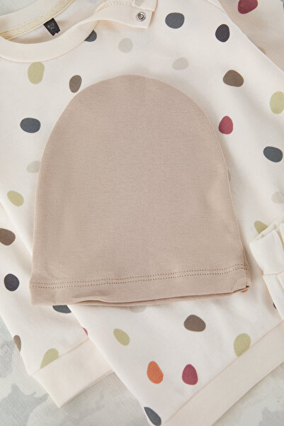 TRENDYOLKIDS Ecru 3-Piece Unisex Baby 100% Cotton Polka Dot Knitted Bottom-Top Set Tkdss25Au00134