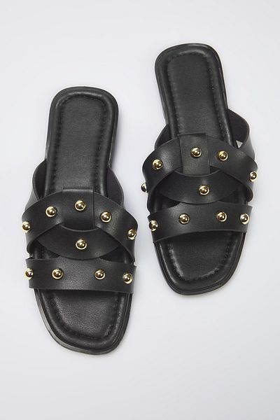 TRENDYOL SHOES Black Gold Trok Stone Women Stylish Slippers Takss25Te00032