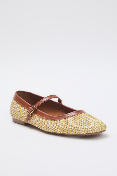 TRENDYOL SHOES Beige/Camel Knitted Patterned Brown Piping Detailed Straw Square Toe Mary Jane Women's Ballerinas Takss25Be00045