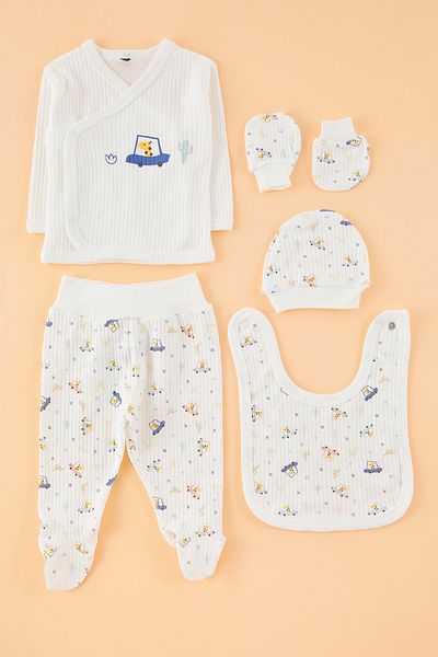 TRENDYOLKIDS طقم خروج من المستشفى مطبوع عليه سيارة قطن 100% للأطفال الأولاد مكون من 5 قطع TKDSS25IN00000