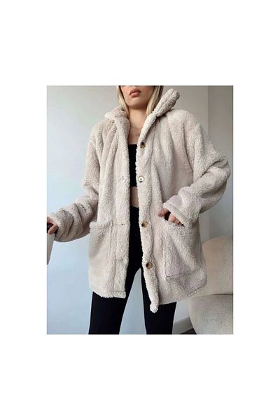 Marsilyan - Women's Long Sleeve Pocket and Button Detail Wellsof Fabric Coat