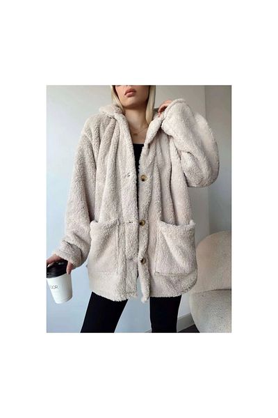Marsilyan - Women's Long Sleeve Pocket and Button Detail Wellsof Fabric Coat