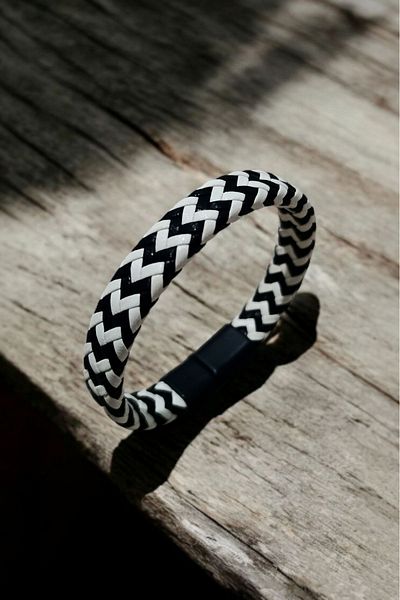 Birmem Modern Style Double Leather Bracelet Set - Black and White Patterned and Matte Black Beads