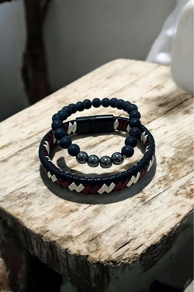 Birmem Men's Leather Magnet Cuff Bracelet and Hematite Natural Stone Bracelet