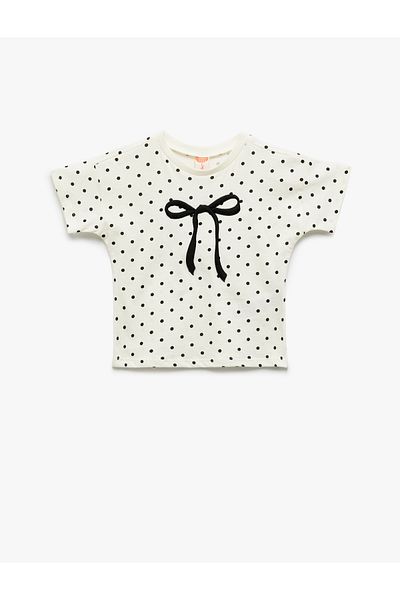 Koton Baby Girl Crew Neck Κοντό μανίκι Κέντημα με κορδέλα Λεπτομερές βαμβακερό μπλουζάκι 5smg10102ak Μπεζ