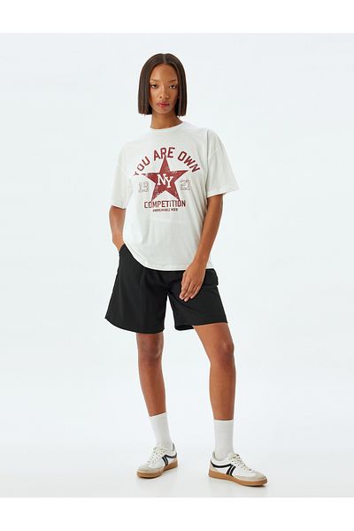 Koton College Printed Oversize Cotton T-Shirt - Crew Neck, Short Sleeve