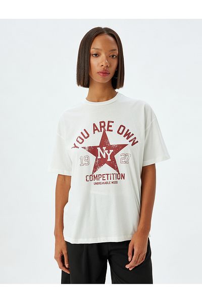 Koton College Printed Oversize Cotton T-Shirt - Crew Neck, Short Sleeve