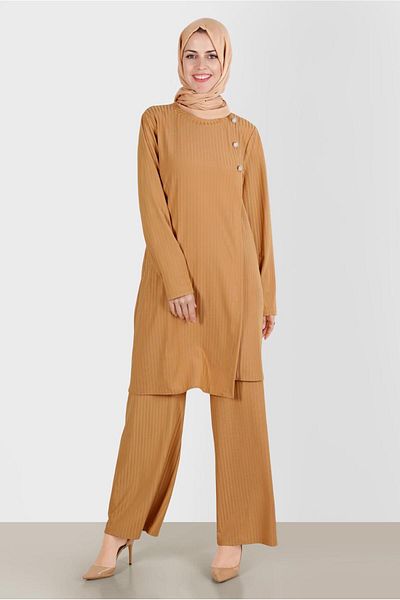 Alvina Ribbed Stone Detailed Double Trousers Set - 42882