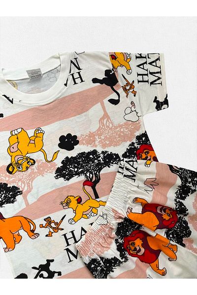 Fil Kids Boy's 100% Cotton Ecru Lion King Patterned Short Sleeve Shorts Summer Pajama Set
