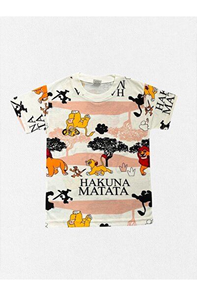 Fil Kids Boy's 100% Cotton Ecru Lion King Patterned Short Sleeve Shorts Summer Pajama Set