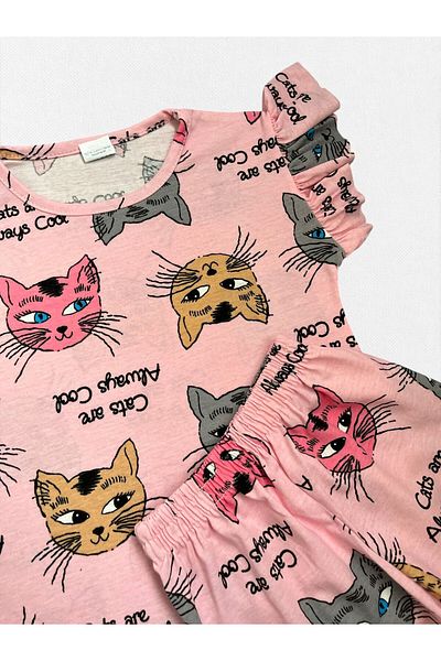 Fil Kids Girl's 100% Cotton Pink Colored Cats Patterned Short Sleeve Ruffle Shorts Summer Pajama Set