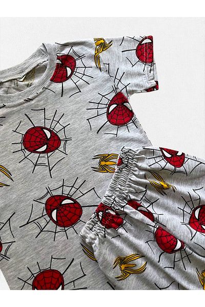 Fil Kids Boys' 100% Cotton Gray Red Spiderman Patterned Short Sleeve Shorts Summer Pajama Set