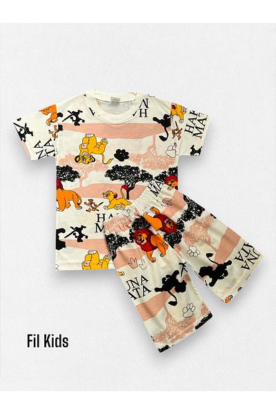 Fil Kids Boy's 100% Cotton Ecru Lion King Patterned Short Sleeve Shorts Summer Pajama Set