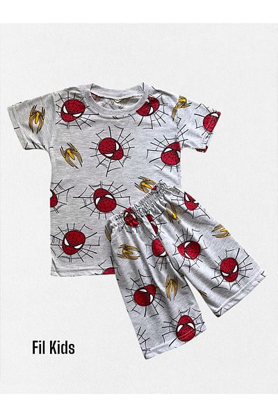 Fil Kids Boys' 100% Cotton Gray Red Spiderman Patterned Short Sleeve Shorts Summer Pajama Set